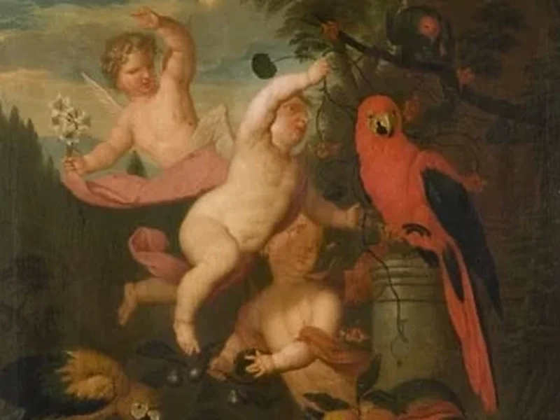 1714-Pieter Terwesten - Paesaggio con putti che giocano e pappagalli